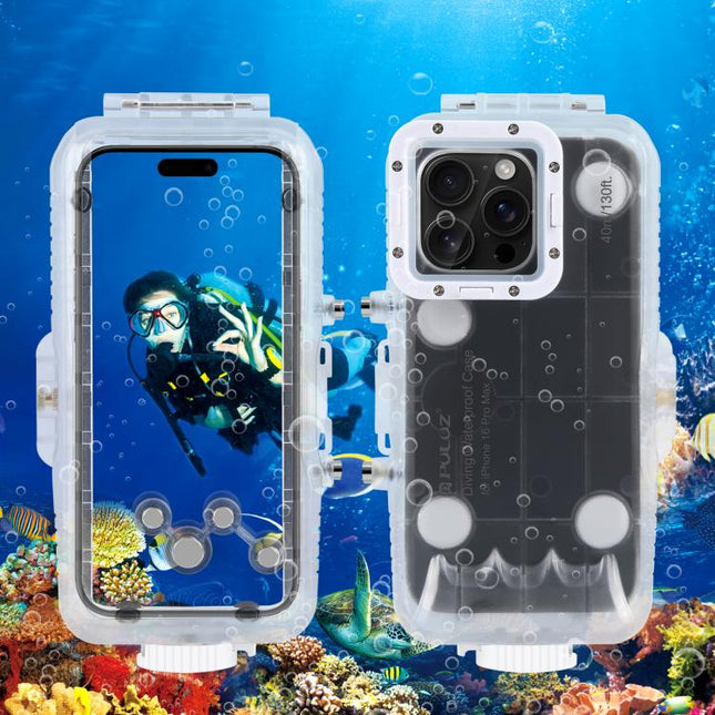 For iPhone 16 Pro Max PULUZ 40m/130ft Waterproof Diving Case with One-way Valve Photo Video Taking Underwater Housing Cover