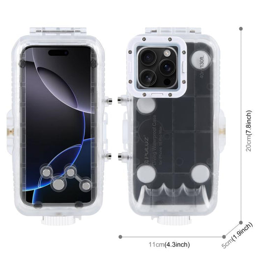 For iPhone 16 Pro Max PULUZ 40m/130ft Waterproof Diving Case with One-way Valve Photo Video Taking Underwater Housing Cover, For iPhone 16 Pro Max (White), For iPhone 16 Pro Max (Transparent)