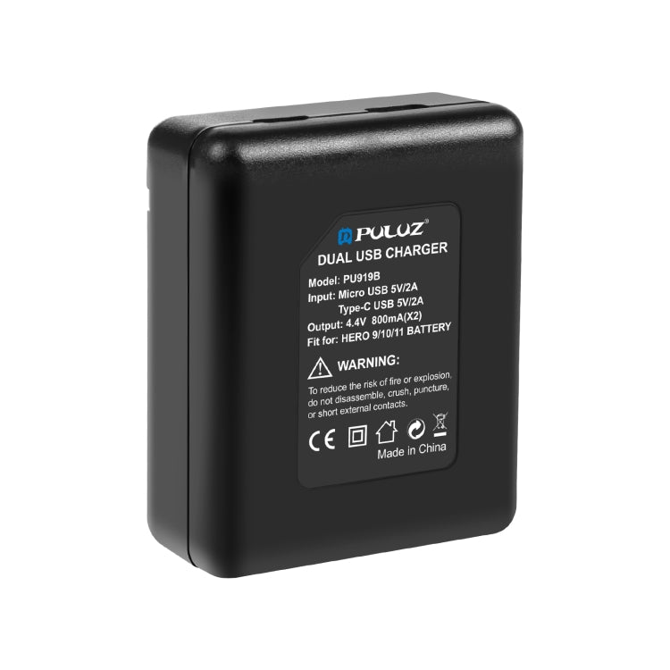 PULUZ USB Dual Batteries Charger for GoPro HERO12 Black /11 Black /10 Black /9 Black