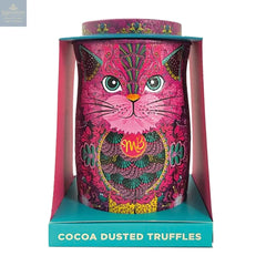 Persian pink cat tin of Choccy Scoffy chocolatey flavoured cocoa dusted truffles
