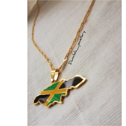Jamaica Flag Map Necklace - Gold/Silver - Out Of Many One People'