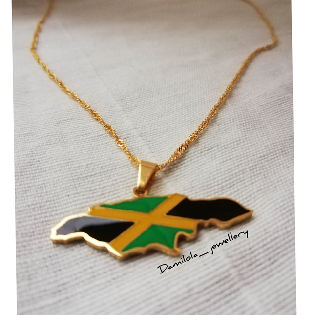 Jamaica Flag Map Necklace - Gold/Silver - Out Of Many One People'