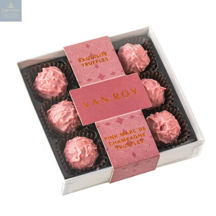 Pink Marc de Champagne truffles in 9 choc grey base with cello lid