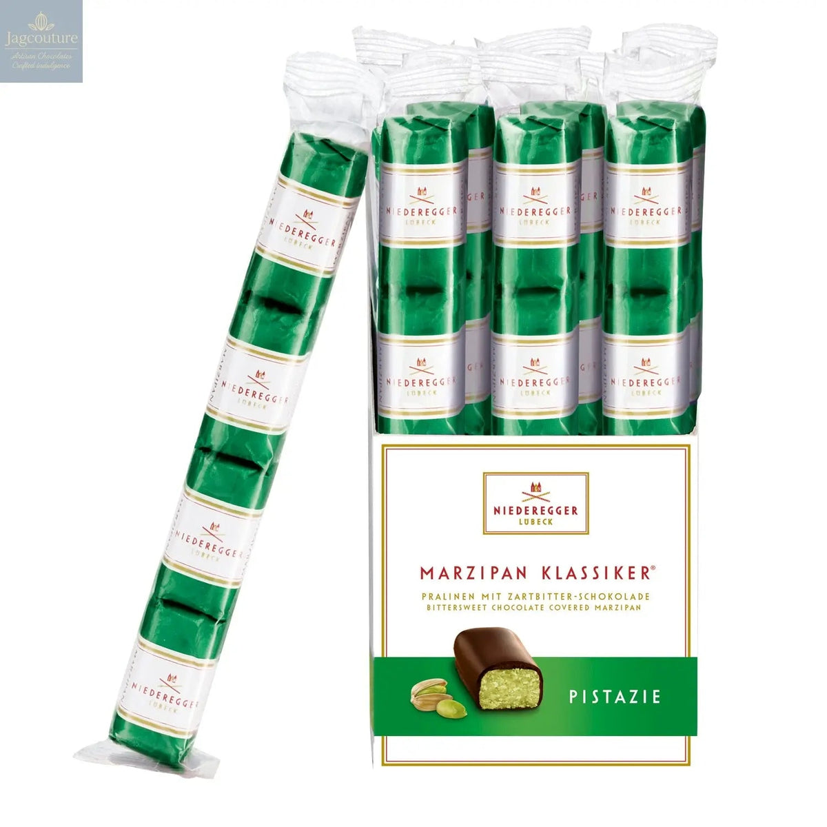 Pistachio dark chocolate covered bite-sized marzipan loaves in flow wrapped stick pack