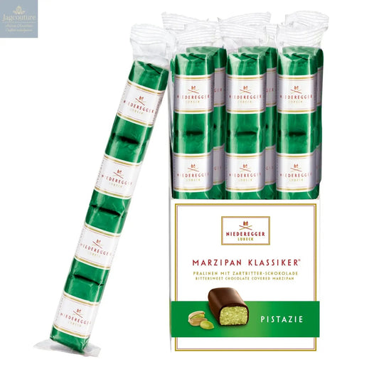 Pistachio dark chocolate covered bite-sized marzipan loaves in flow wrapped stick pack
