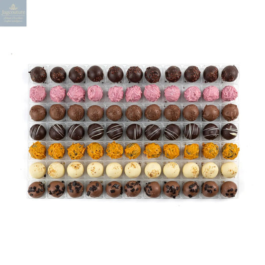 Premium Belgian Truffle Selection - dark truffle, pink champagne, milk caramel, dark rum, dark orange, white lemon, milk irish cream