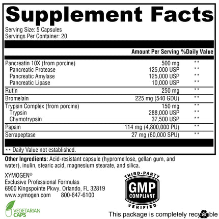 XYMOGEN ProteoXyme - Pancreatic Enzymes, Serrapeptase, Rutin, Papain & Bromelain - Designed to Support Tissue Integrity & Healthy Immune System Balance (100 Acid-Resistant Capsules)