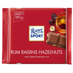 Ritter Sport milk chocolate with rum, raisins and hazelnuts bar