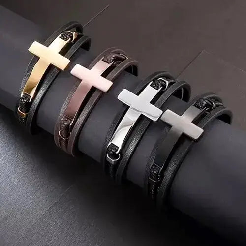 Brown/Rose Gold Multi-Layer Cross Leather Bracelet For Men