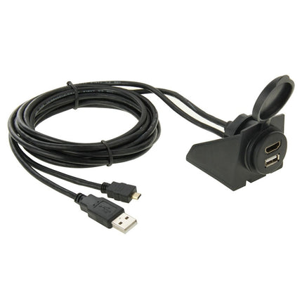 USB 2.0 & Micro HDMI (Type-D) Male to USB 2.0 & HDMI (Type-A) Female Adapter Cable with Car Flush Mount, Length: 2m, USB 2.0 & Micro HDMI Male to USB 2.0 & HDMI Female
