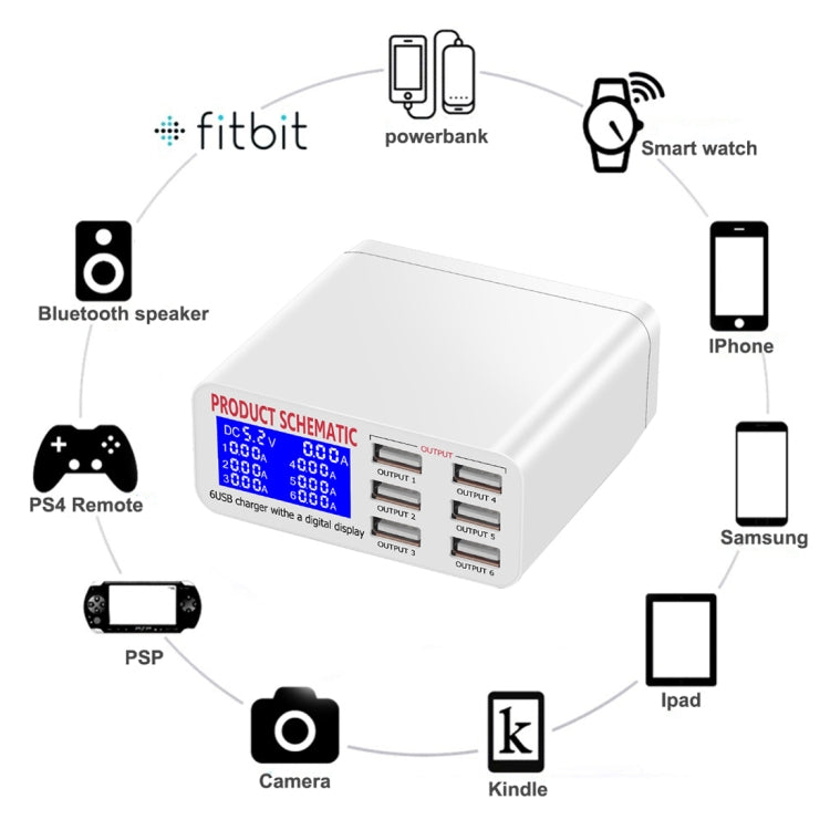 WLX-899 30W USB Charger 5V 6A Output 3.5A Max High Speed 6-Ports USB Charger with Digital Display & 1.5m Cable, WLX-899