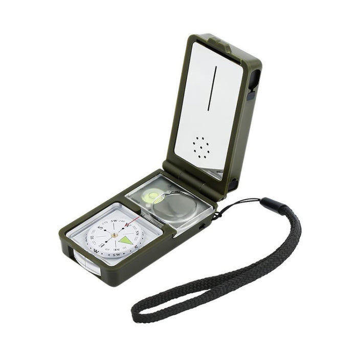 10 in 1 (Thermometer, Hygrometer, LED light, Reflector, Spirit level, Compass, Whistle, Flint, Magnifier, Ruler) Multi-Function Portable Compass, 10 in 1