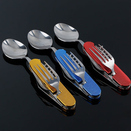6-in-1 Stainless Steel Travel / Camping Folding Cutlery Set, Spoon + Fork + Knife +  Bottle Opener Set