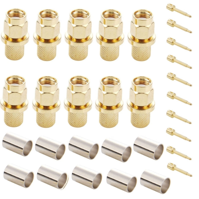 10 PCS Gold Plated SMA Male Plug Crimp RF Connector Adapter for RG58 / RG142 / LMR195 Cable, SMA Male Plug