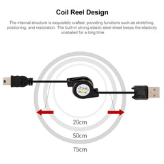 USB Retractable Data & Charger Cable for Motorola V3 / Mobile Phone / MP3 / MP4 / Digital Camera / GPS, Length: 10cm (Can be Extended to 80cm),  Black, USB 2.0 to Mini 5 Pin, USB 1.1 to Mini 5 Pin