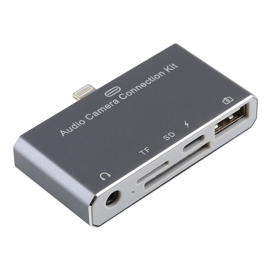 D-198 5 in 1 8 Pin to USB HUB +USB-C / Type-C + 3.5mm Earphone + SD + TF Card Reader for MacBook, PC, Laptop, Smart Phones