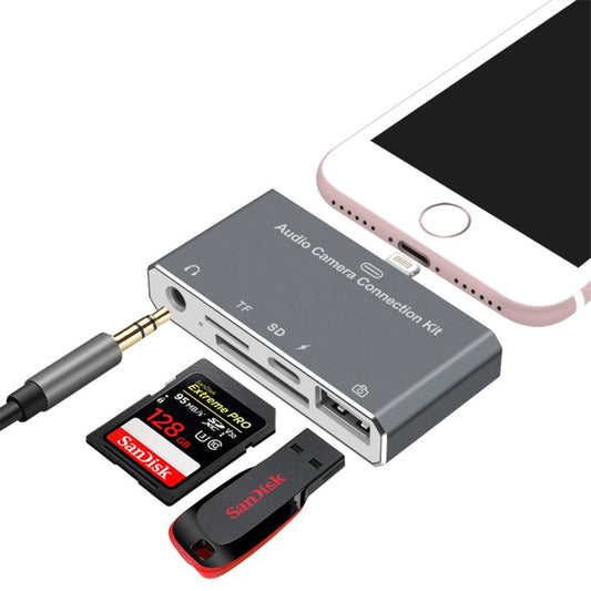 D-198 5 in 1 8 Pin to USB HUB +USB-C / Type-C + 3.5mm Earphone + SD + TF Card Reader for MacBook, PC, Laptop, Smart Phones