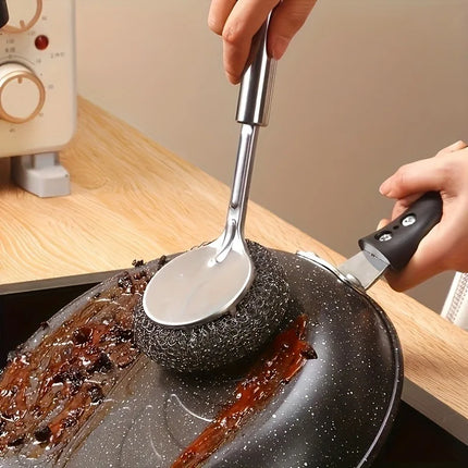 Stainless Steel Wire Brush with Long Handles Kitchen Replacement Steel Wool Wire Ball Dishwashing Brush Sink Countertop Cleaning