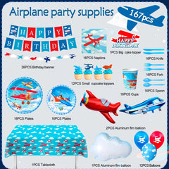 Airplane Birthday Party Decorations,167pcs decorations&Airplane Party Tableware set-Airplane Plates Napkins Cups TableCloth etc