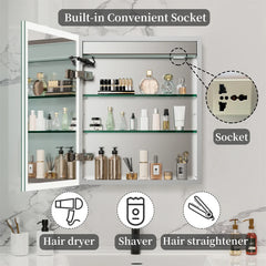 60/70CM Illuminated LED Wall Mirrored Bathroom Storage Medicine Cabinet with Shaver Socket, Bluetooth Speaker Anti-Fog