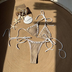 2025 Halter Wrinkled Weave Bikini Women Swimwear Female Swimsuit Two Pieces Bikini Set Brazilian Bathing Suit Swim Beach Wear