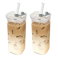 1Pcs Square Heat Resistant Coffee Glass Cup With Lid and Straw Transparent Milk Tea Juice Cups Coffee Mug For Home Bar Drinkware