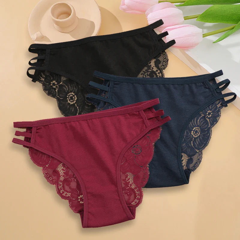 3PC/Set Women Sexy Lace Panties Low Rise Hollow Out Briefs Floral Transparent Underwear for Feamale Elastic Straps Soft Lingerie