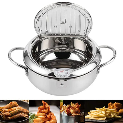 Japanese Deep Fryer With Thermometer and Lid 304 Stainless Steel Kitchen Tempura Fryer Pan Fryer Without Oil Frying Pan Fryer