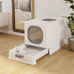 Leak-proof Enclosed Cat Litter Box Pull Drawer Kitten Training Toilet with Scoop and Lid Anti-Splashing