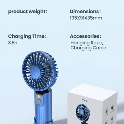 TOPK Portable Hand Held Fan,5000mAh 2-IN-1 Neck HandHeld Fan 180° Foldable Whisper-Quiet Brushless Motor Comes with Hanging Rope