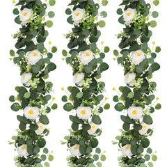 Lush 70.8" Faux Eucalyptus Garland With White Flowers - Perfect For Home & Holiday Decor, Wall Hanging, Yard, And Party Accents
