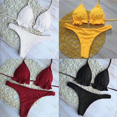 Summer Brazilian Bikini Set Women Sexy Bandage Top Thong Bottom 2 Pieces Set Push-up Swimwear Lace Up Swimsuit Beachwear