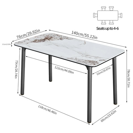 Ink Texture Sintered Stone & Glass Top Kitchen Dining Table No Chairs Rectangle Slate Dinner Table for Restaurant Cafe 1.4/1.6M