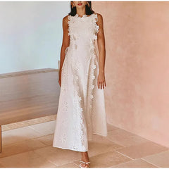 Embroidery Flower Patchwork Long Dress For Women Round Neck Sleeveless Lace Up High Waist Spliced Slim Dresses 2025 Summer New