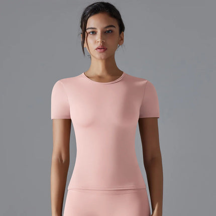 Women Running Sports T Shirt Summer Short Sleeve Round Neck Breathable Stretchy GYM Yoga Slim Fitness Active Top Tee