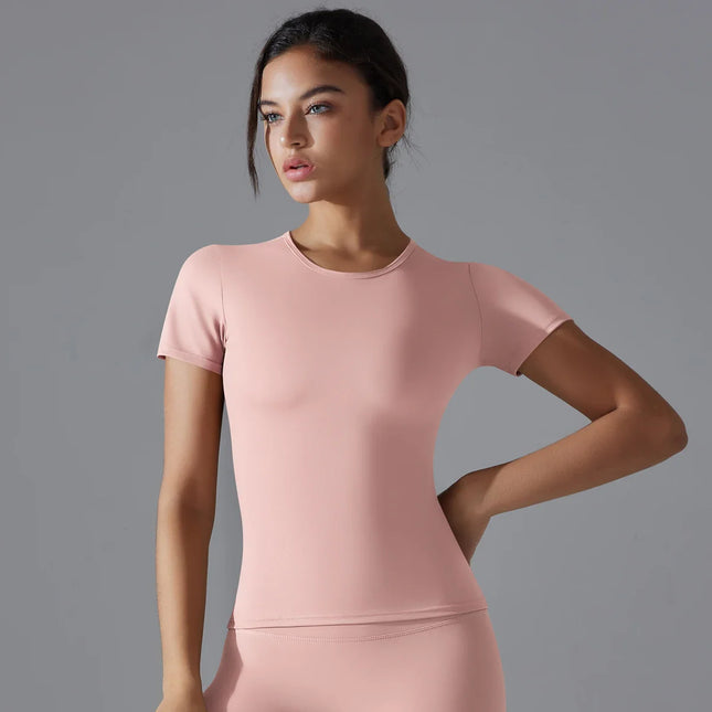 Women Running Sports T Shirt Summer Short Sleeve Round Neck Breathable Stretchy GYM Yoga Slim Fitness Active Top Tee