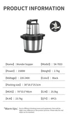 1500W 6.5L Stainless Steel Kitchen Meat Grinder 3 Gears Powerful Motor 4-Layer Blade Vegetable Crusher Onion Garlic Grinder