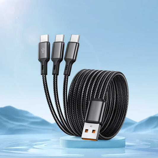 3 In 1 100W 6A USB-A to 3 ×Type-C Fast Charging Data Cable For Samsung S24 Xiaomi Huawei Android Phone USB C Data Transfer Cord