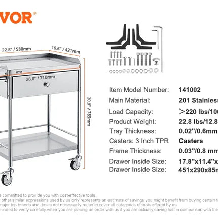 VEVOR Stainless Steel Cart 3/2/1 Layers Lab Utility Cart Medical Cart W/ Lockable Universal Wheels for Lab Clinic Kitchen Salon