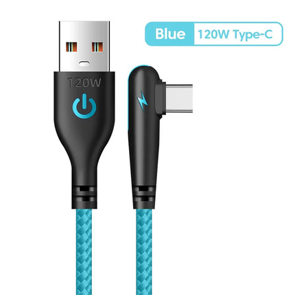 120W USB C Cable 90 Degree For OPPO Fast Charging Cord For Samsung S21 xiaomi 14 iPhone15 Quick Charging Data Wire Charger Cable