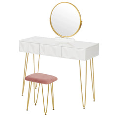 1SET White Gold Dressing Table  with 360° Swivel Mirror 3 Drawers 3D Effect Velvet Stool Cosmetic Makeup dressers for Bedroom