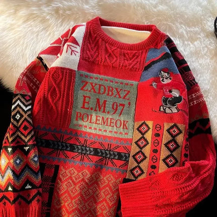 Christmas Sweater Men's Winter Loose-fit Casual Style Knitted Top Jacket American Vintage Fleece-lined Thickened Line Clothes