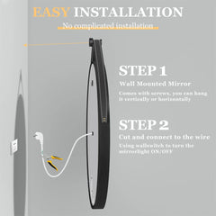 60/70/80CM Round LED Bathroom Mirror Wall Hanging Frontlit Vanity Makeup Mirror with Leather Strap Touch Anti-fog