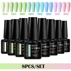 MEET ACROSS 8Pcs/Set Gel Nail Polish Set for All Season Neon Marcaron Green Red Series UV Gel Varnish Manicure Kit Nail Supplies