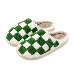 Fuzzy Women Men Slippers Fashion Checker Embroidery Houseshoes Cozy Fluffy House Retro Checkered Print Winter Home Shoes
