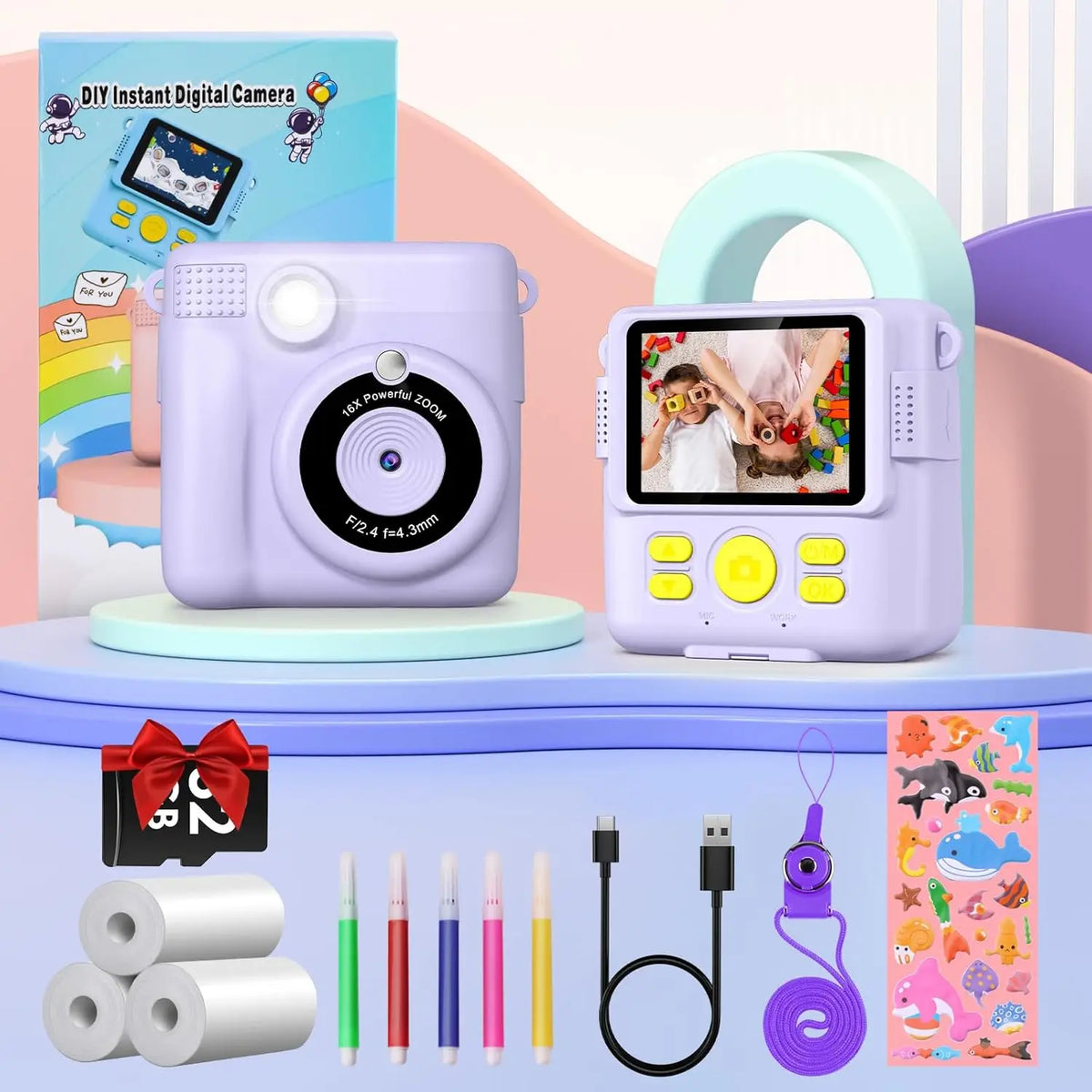 Gofunly Children's Instant Print Camera Thermal Printing Digital Camera 2.4" 1080P Camera Toy For 6-12 Years