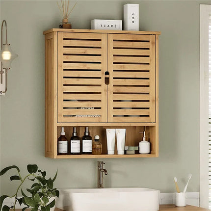 Natural Bamboo Wall-mounted Bathroom Cabinet, Kitchen Cupboard, Storage Organizer, Adjustable Shelf