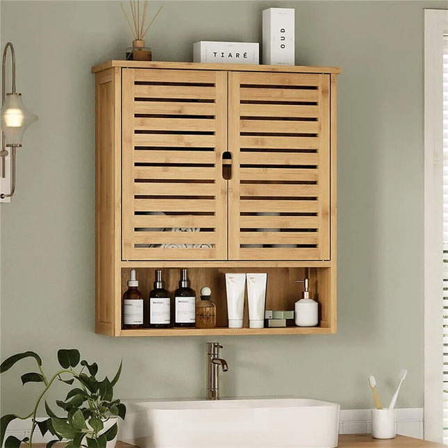 Natural Bamboo Wall-mounted Bathroom Cabinet, Kitchen Cupboard, Storage Organizer, Adjustable Shelf