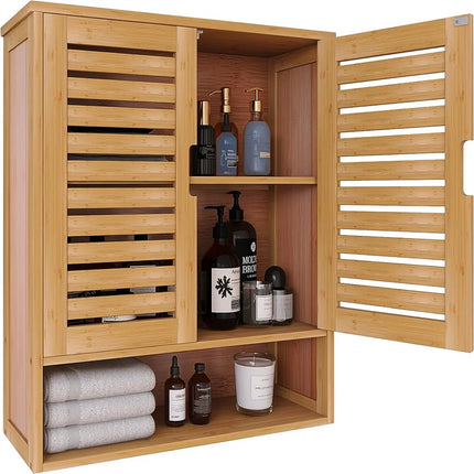 Natural Bamboo Wall-mounted Bathroom Cabinet, Kitchen Cupboard, Storage Organizer, Adjustable Shelf