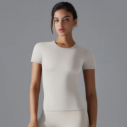 Women Running Sports T Shirt Summer Short Sleeve Round Neck Breathable Stretchy GYM Yoga Slim Fitness Active Top Tee